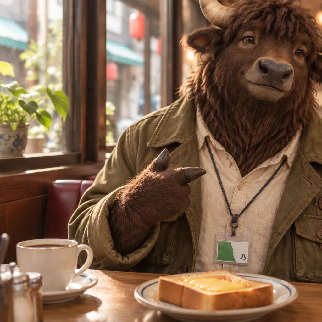 Goro gestures toward himself beside his plate of toast as he gives the name he prefers.