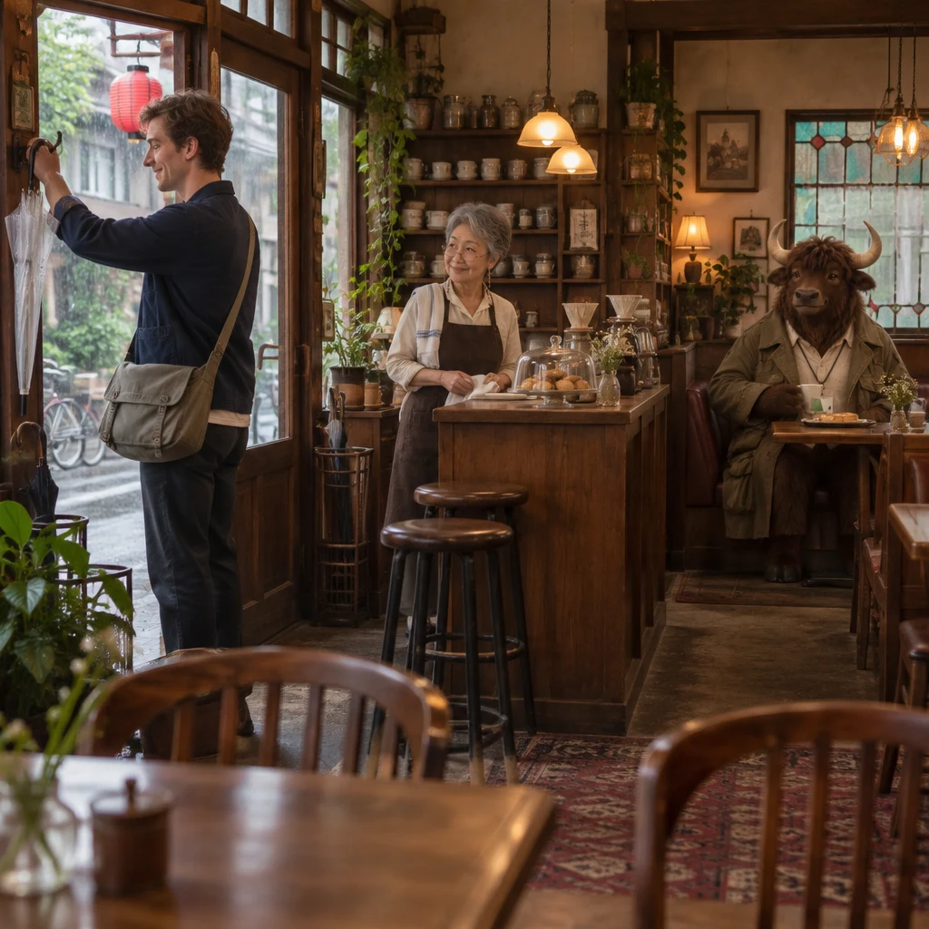 Leo hangs his clear umbrella as Masako looks up from the counter and Goro sits with toast and coffee in the corner booth.