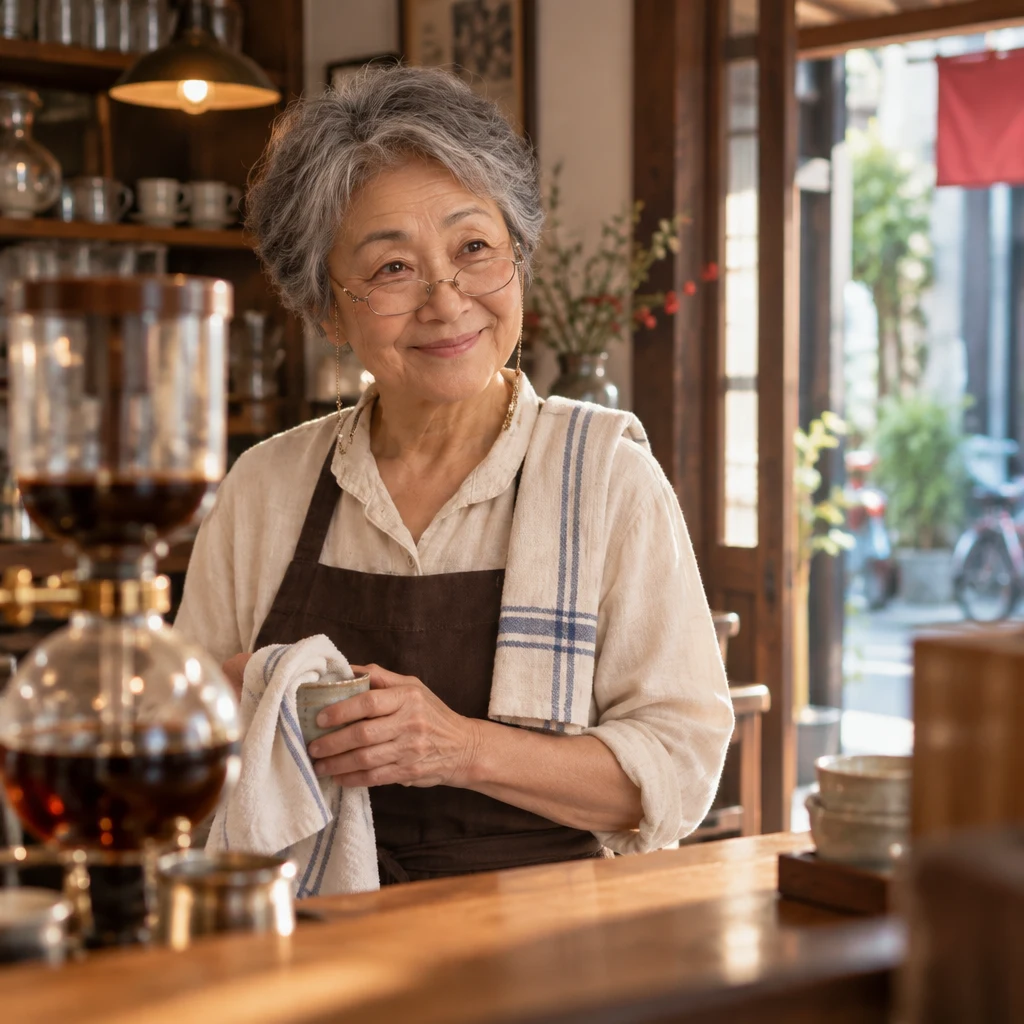 Masako pauses while wiping a cup and looks toward the entrance.