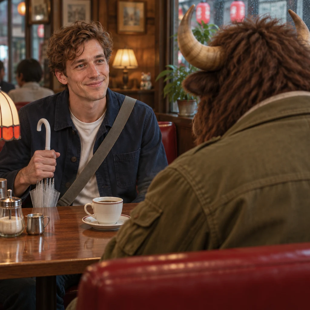 Goro leans toward Leo as their conversation turns to family.