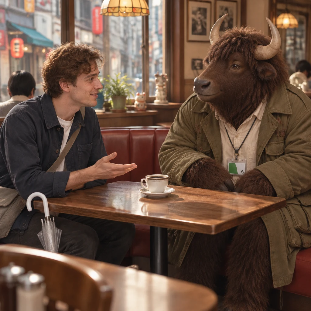 Leo answers Goro with an open-handed gesture while Goro listens across the table.