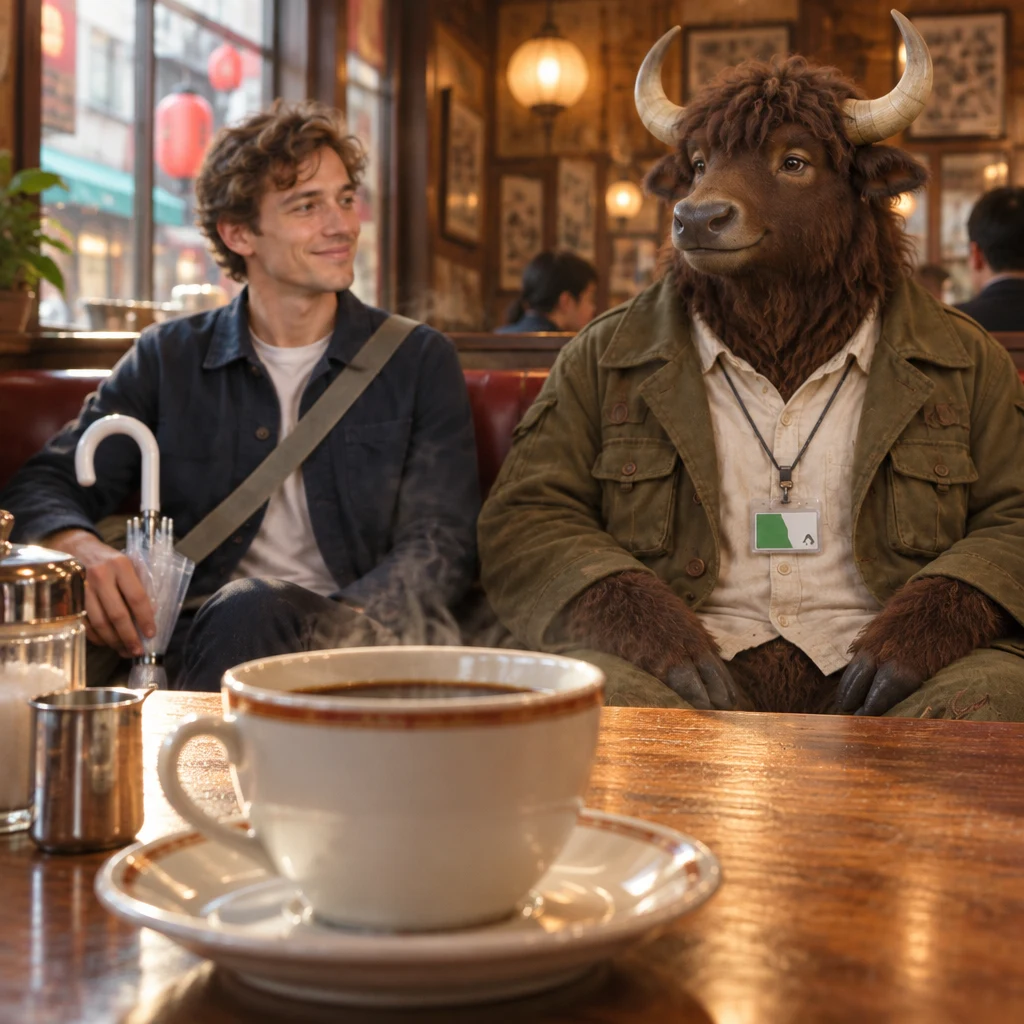 The full coffee remains on the table as Leo and Goro sit quietly across from one another.