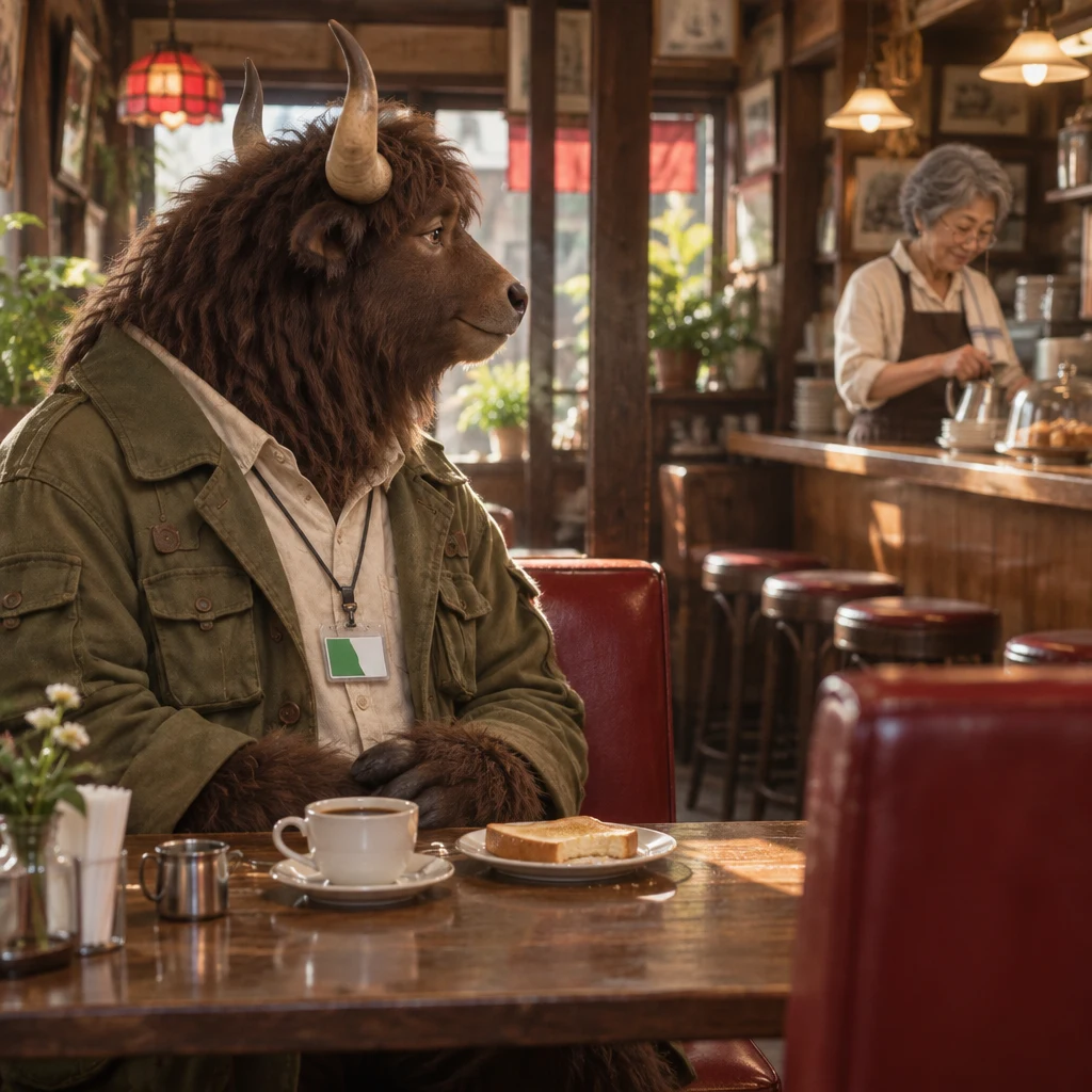 Goro sits across two red booth seats and looks toward the counter, with his coffee and toast still on the table.