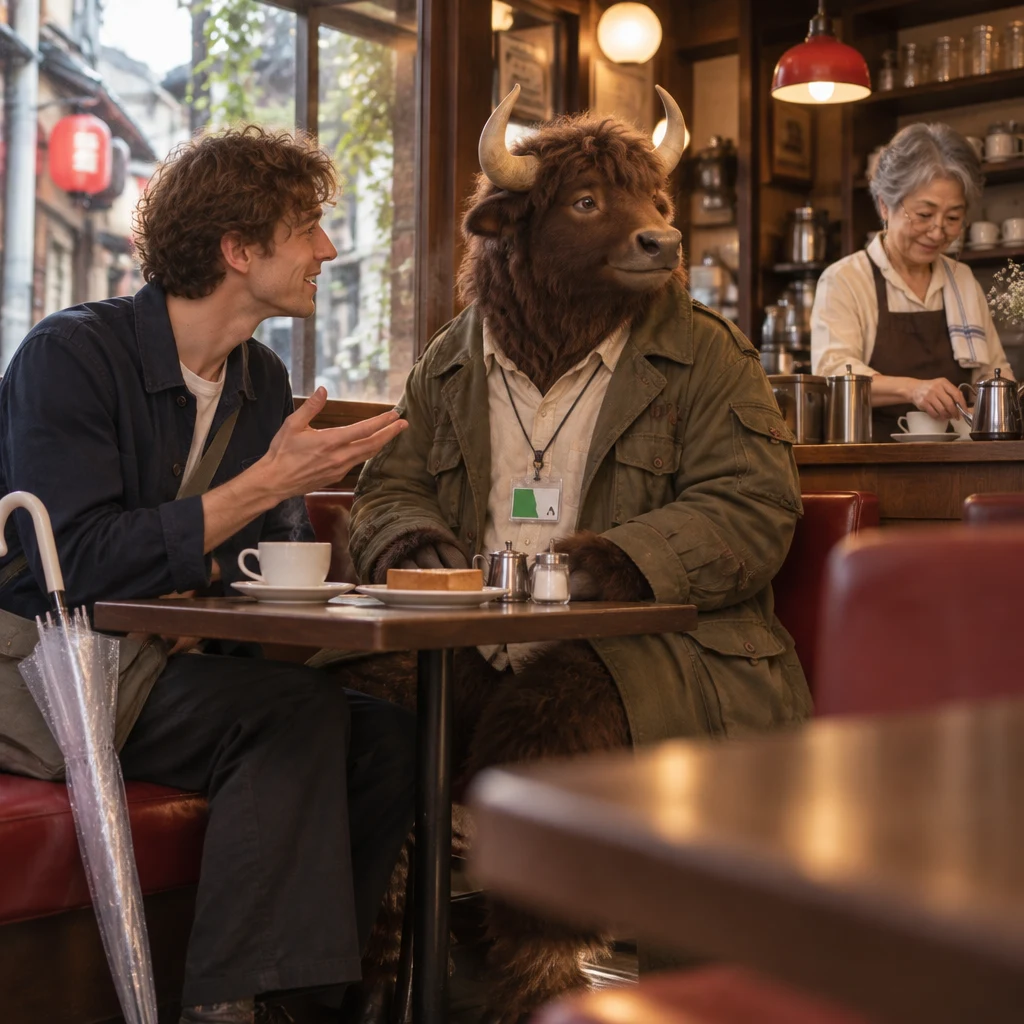 Leo talks with Goro at the booth as Goro shifts his attention toward Masako at the counter.