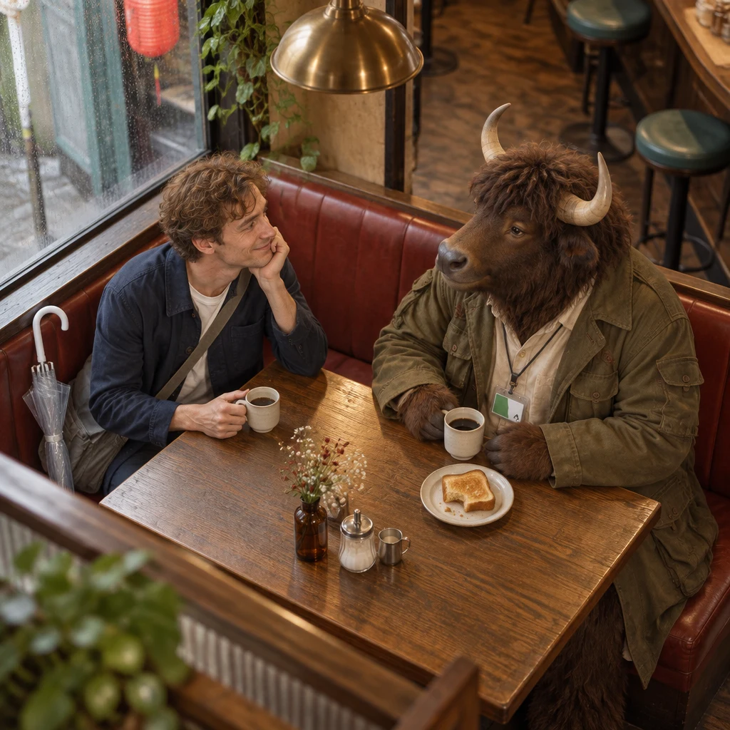 Leo sits across from Goro in the red booth with a cup on the table between them.
