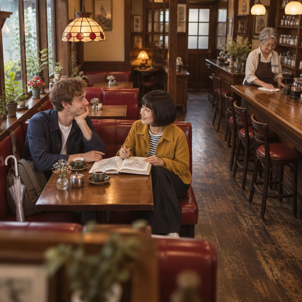 Haruka and Leo sit across the booth while Masako wipes the counter nearby.