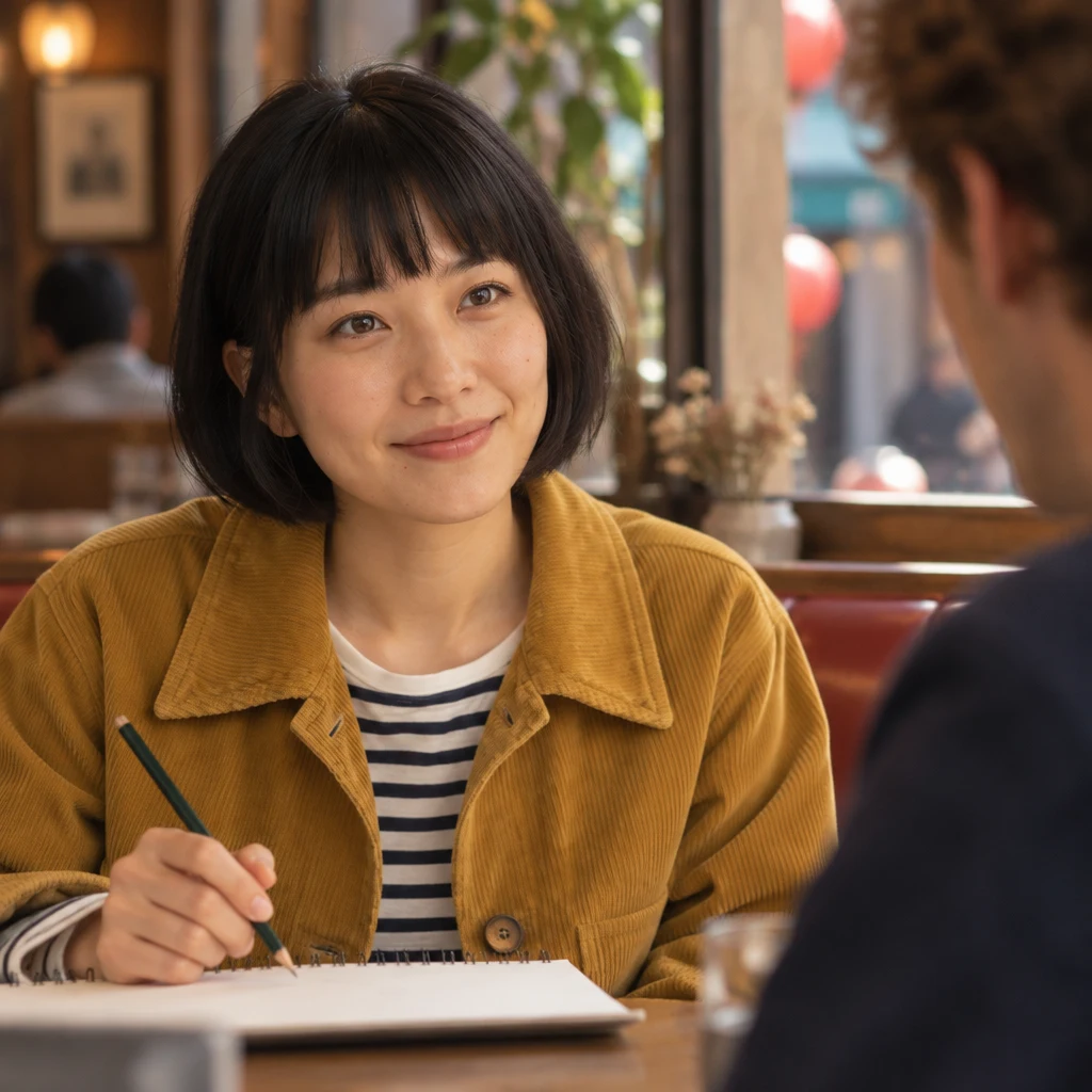 Haruka lifts her attention from the sketchbook toward Leo.