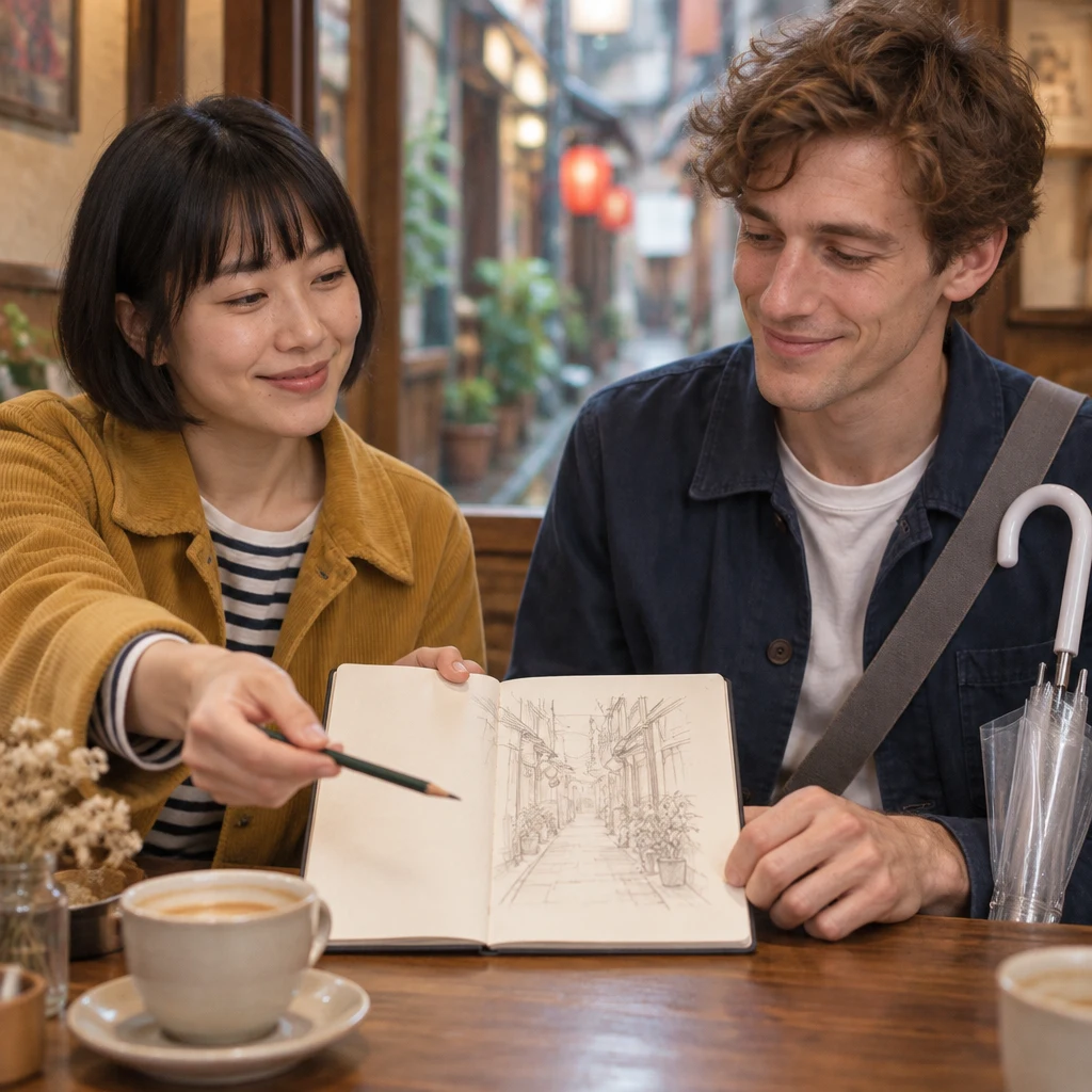Haruka turns the sketchbook toward Leo and offers him a spare pencil.