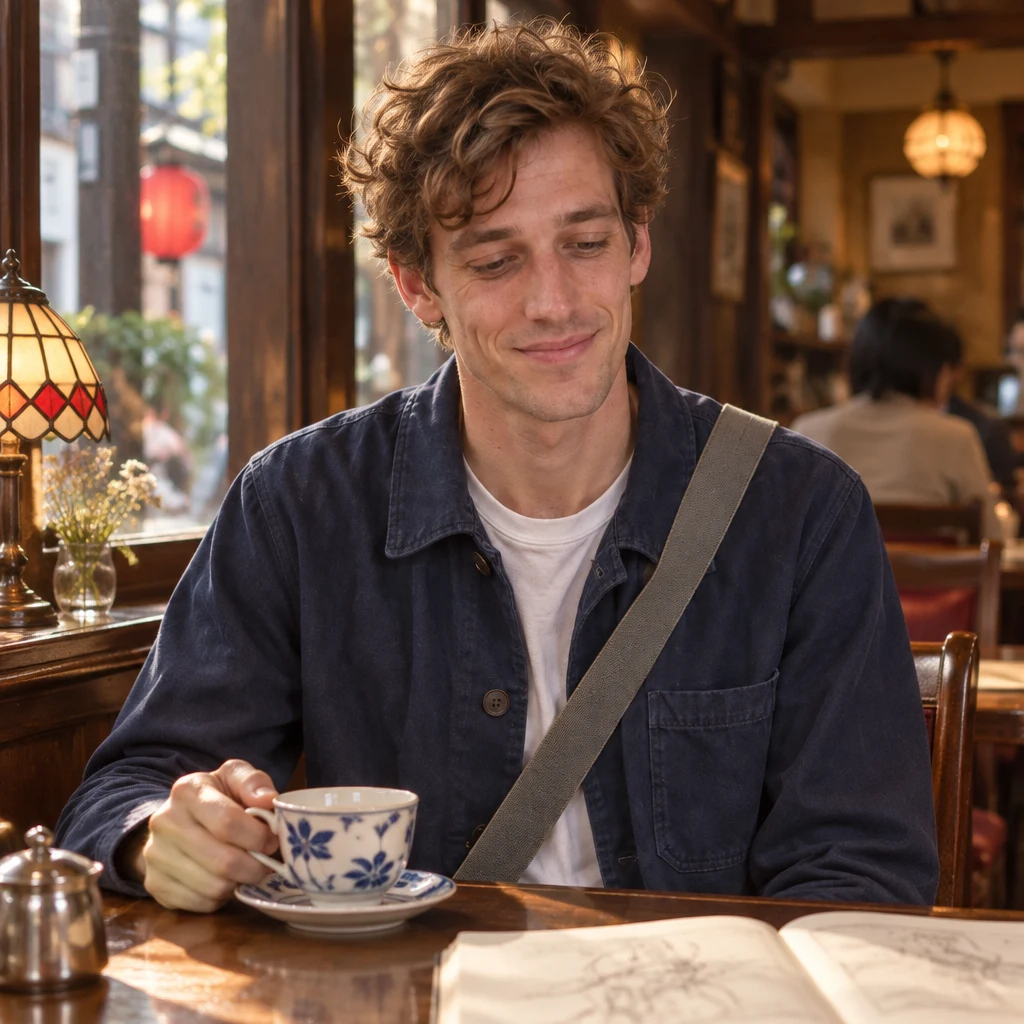 Leo looks down at the sketchbook with one hand resting on his teacup.
