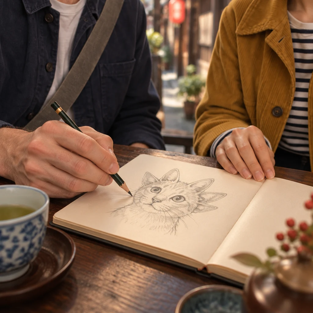 Leo draws a cat with extra ears as Haruka studies the page beside him.