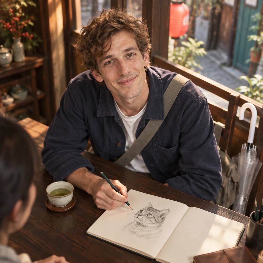 Leo leans over the sketchbook and looks closely at the cat drawing beside his tea.