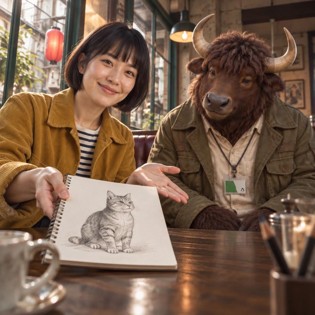 Haruka offers the open sketchbook with an easy gesture while Goro watches the pencil from the booth.