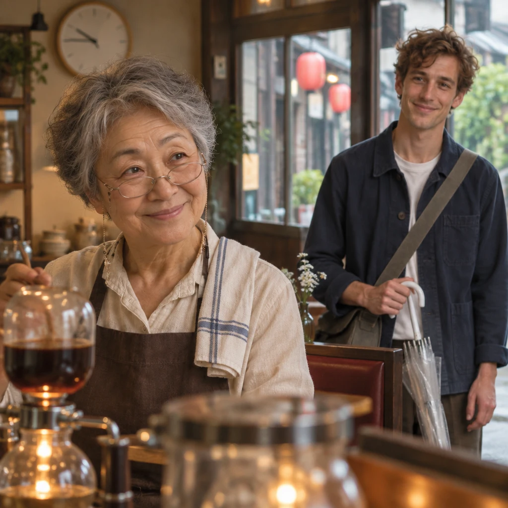Masako turns from the wall clock toward Leo at the counter.