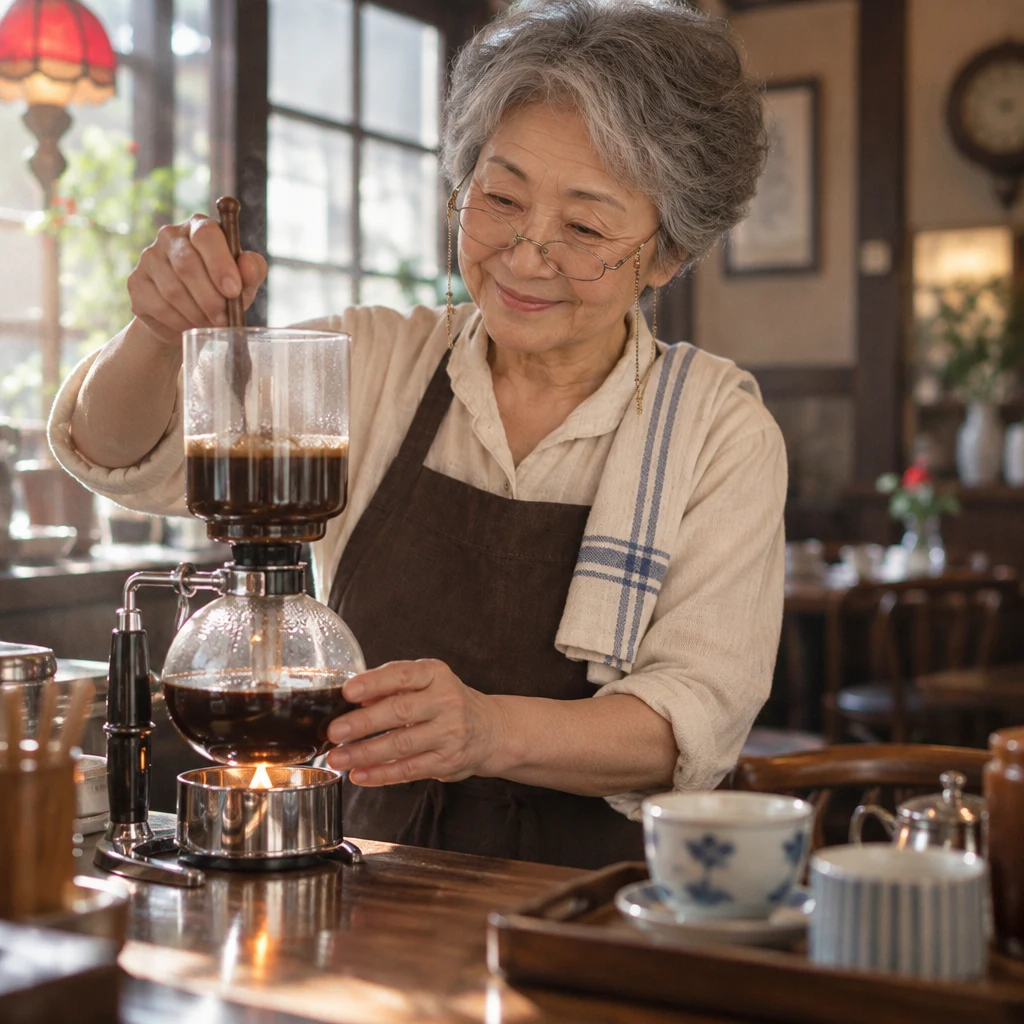 Masako prepares coffee at the kissa counter in the quiet morning.