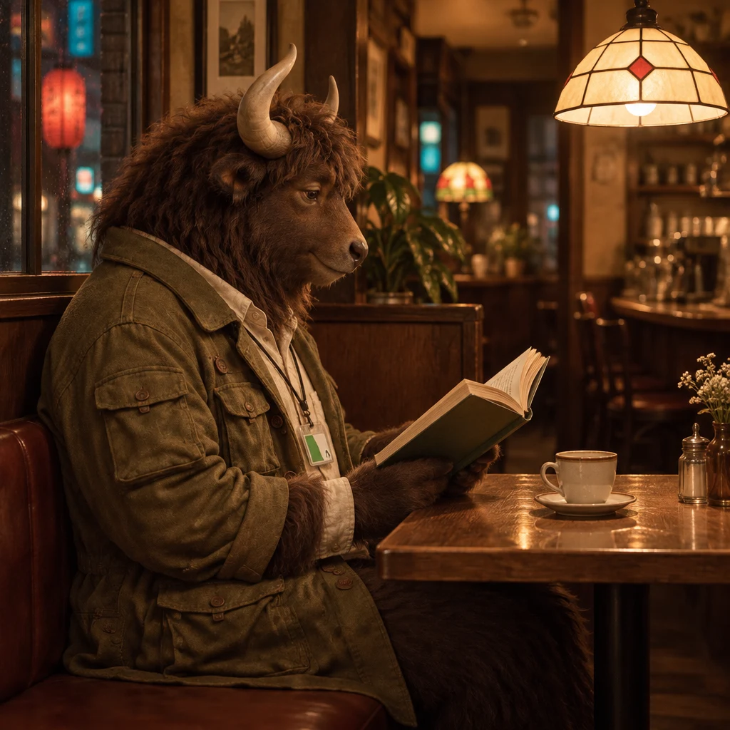 Goro reads a book alone in the kissa at night beneath a lamp.