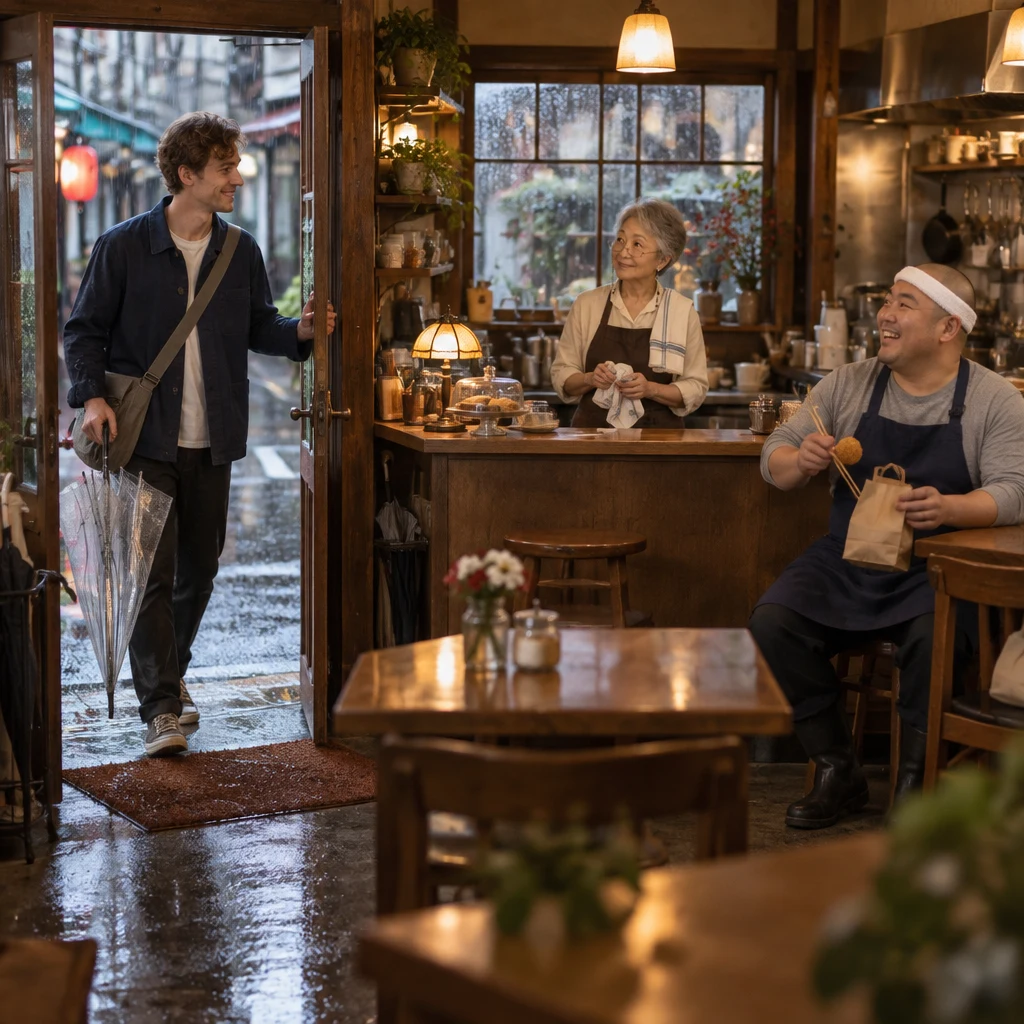 Leo enters Kissa Hotaru in the rain as Masako looks up and Kenta sits with croquettes.