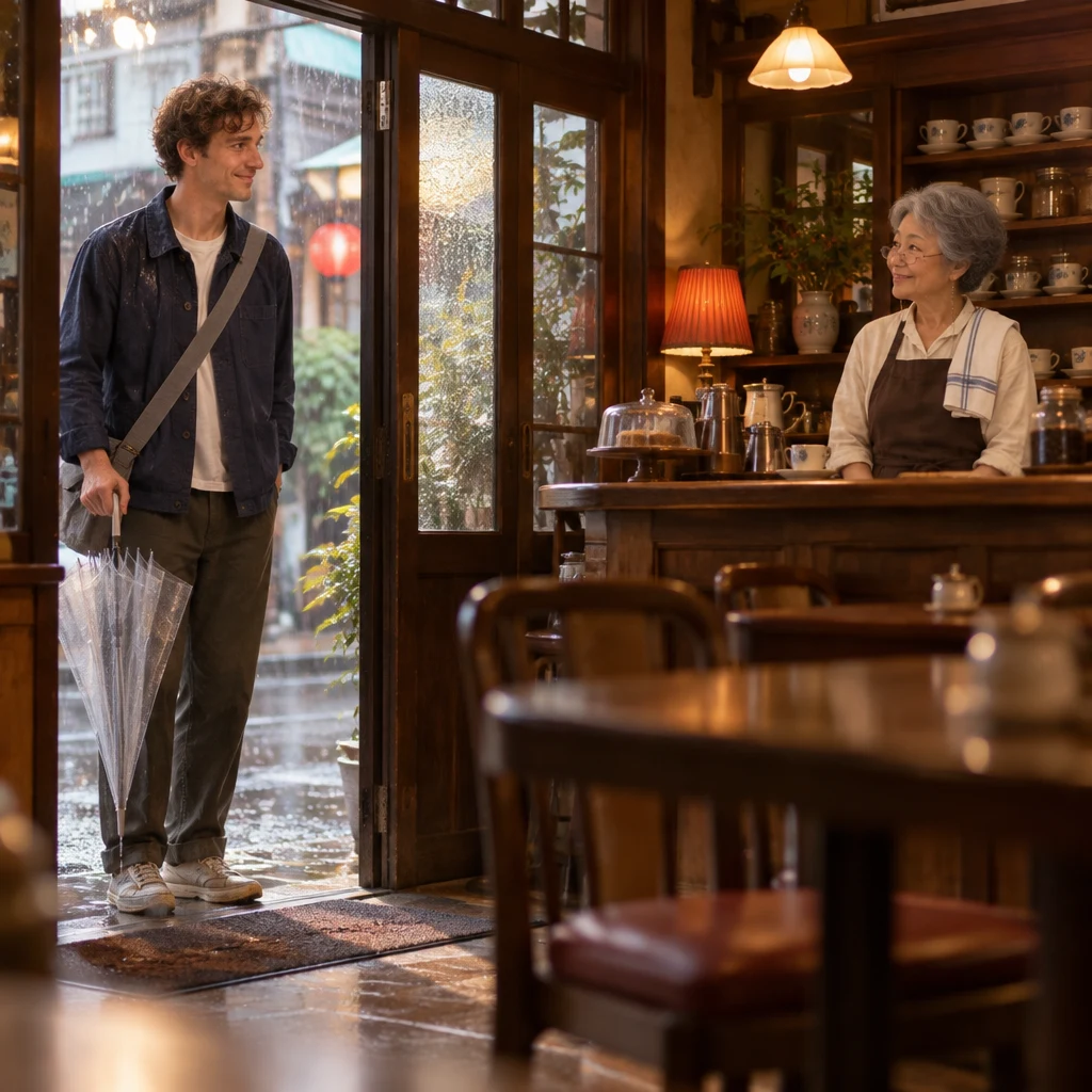 Leo pauses just inside the kissaten door while Masako looks up from the counter.