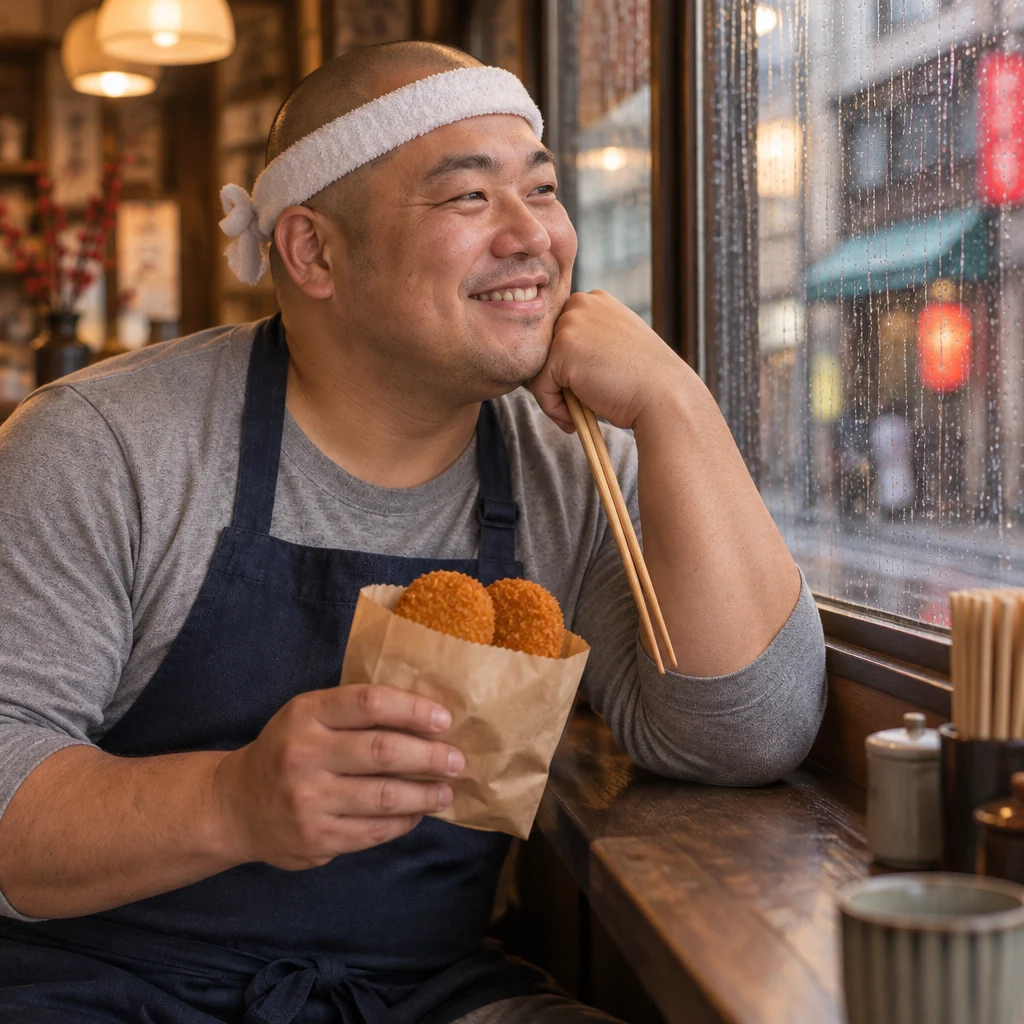 Kenta holds his paper bag of croquettes near the window as rain runs down the glass.