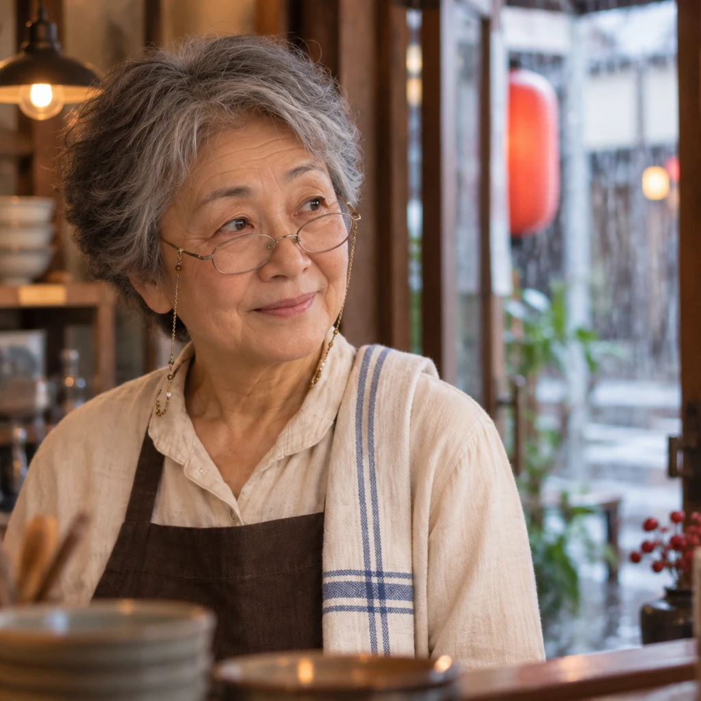 Masako pauses at the counter and looks toward the rainy doorway as she listens to Leo.