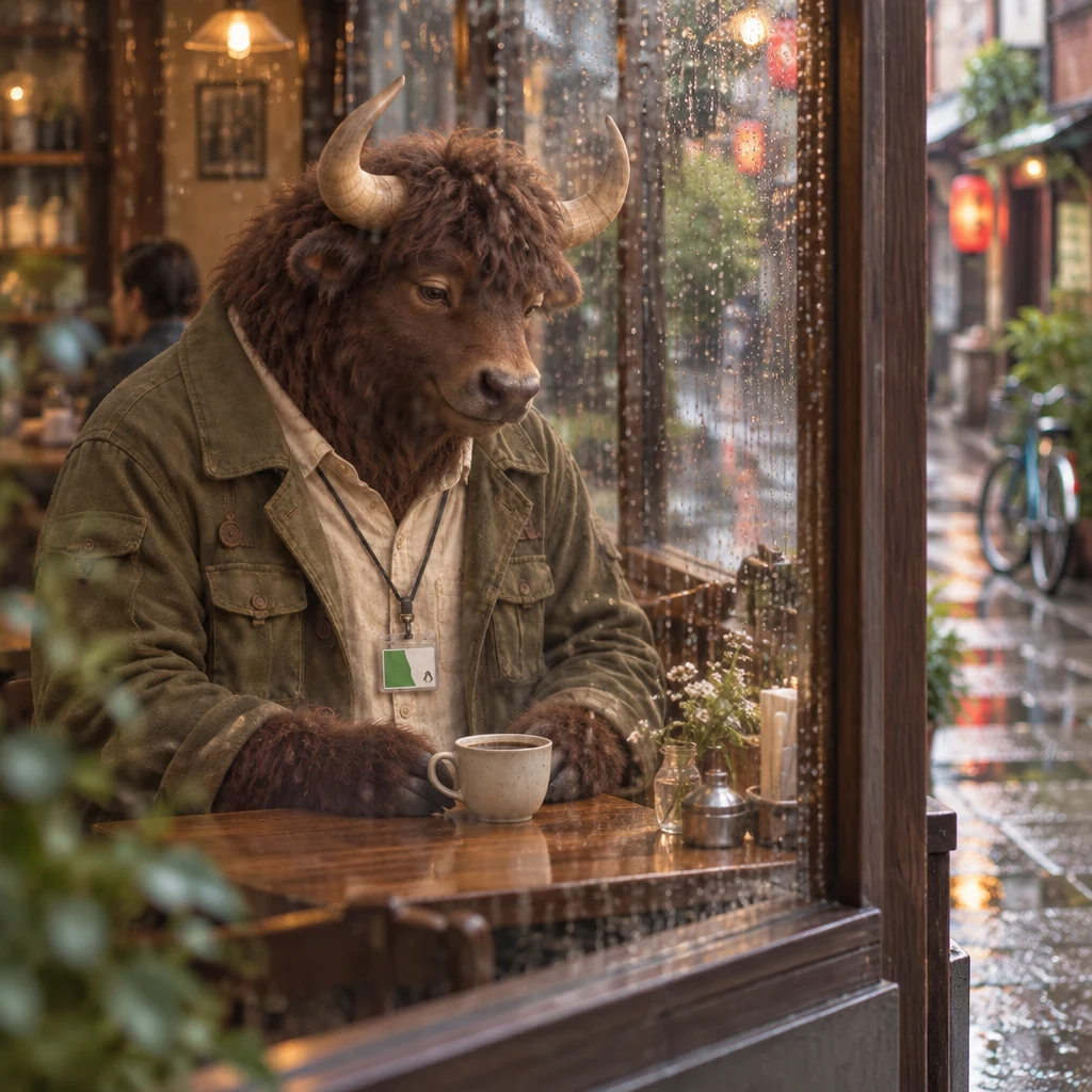 Rain beads on the window while Goro looks down at his full cup, remembering the day.