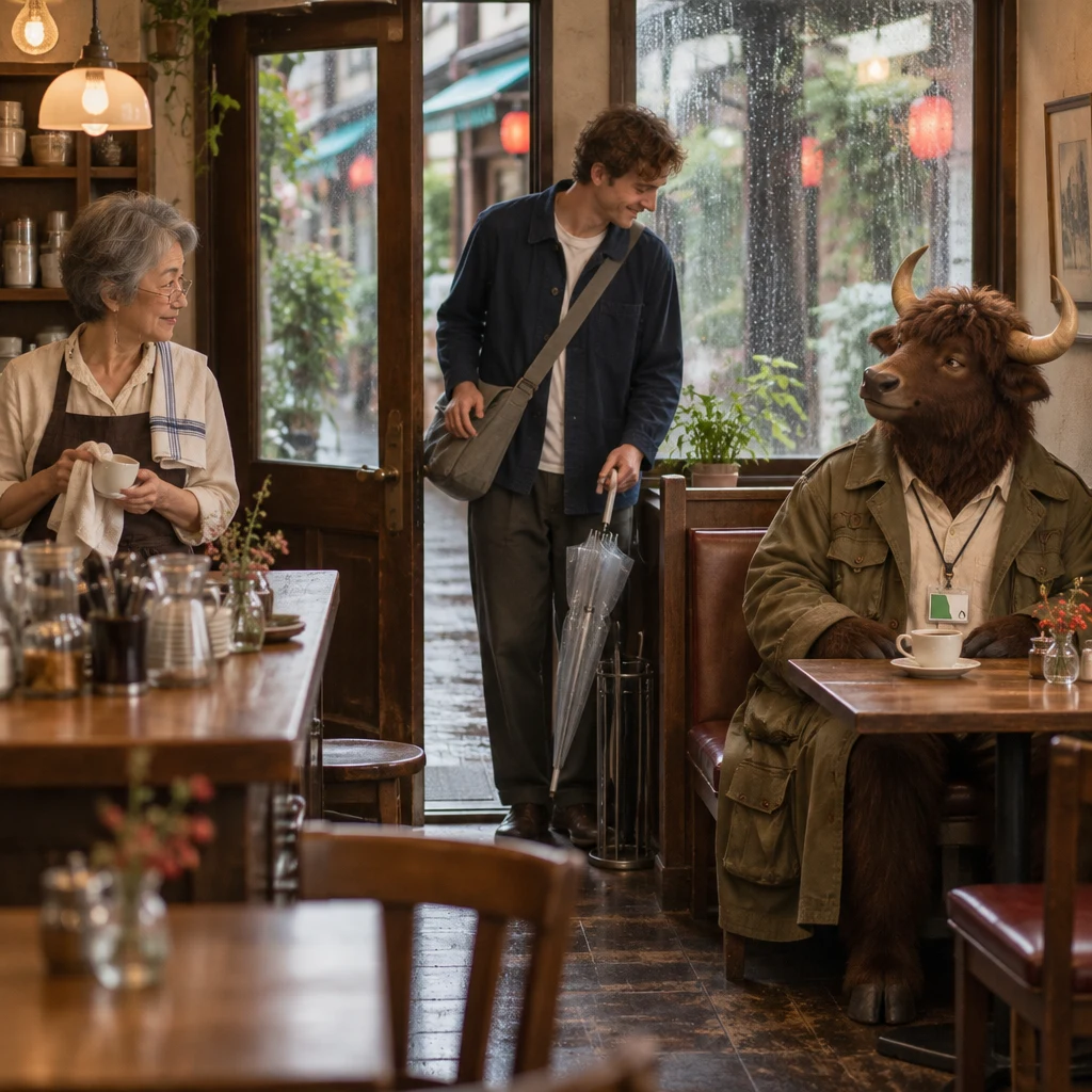 Leo hangs his clear umbrella and starts sliding into the corner booth while Masako wipes a cup and Goro waits with untouched coffee.