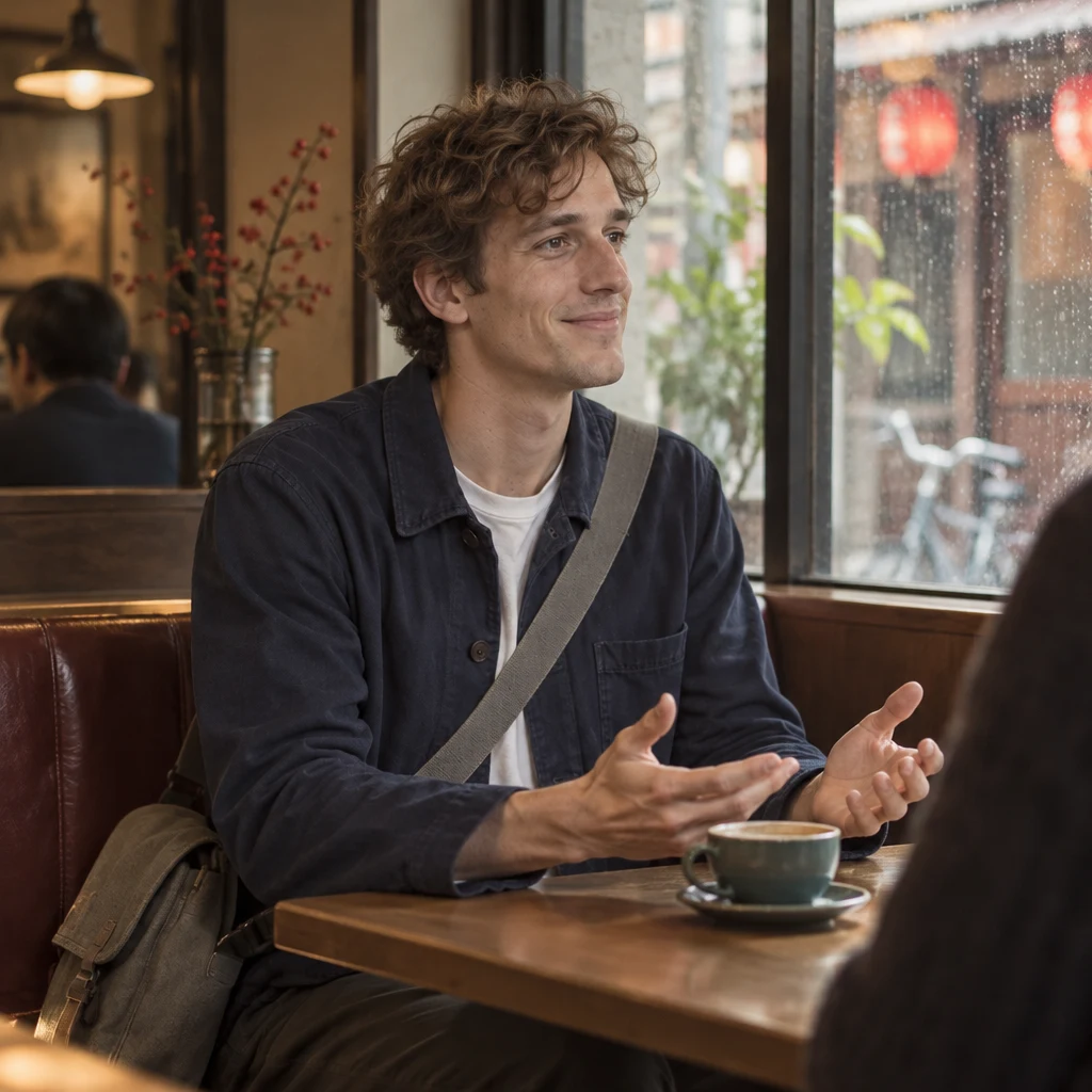 Leo sits in profile in the corner booth, opening his hands above the table as he finishes recounting Saturday.