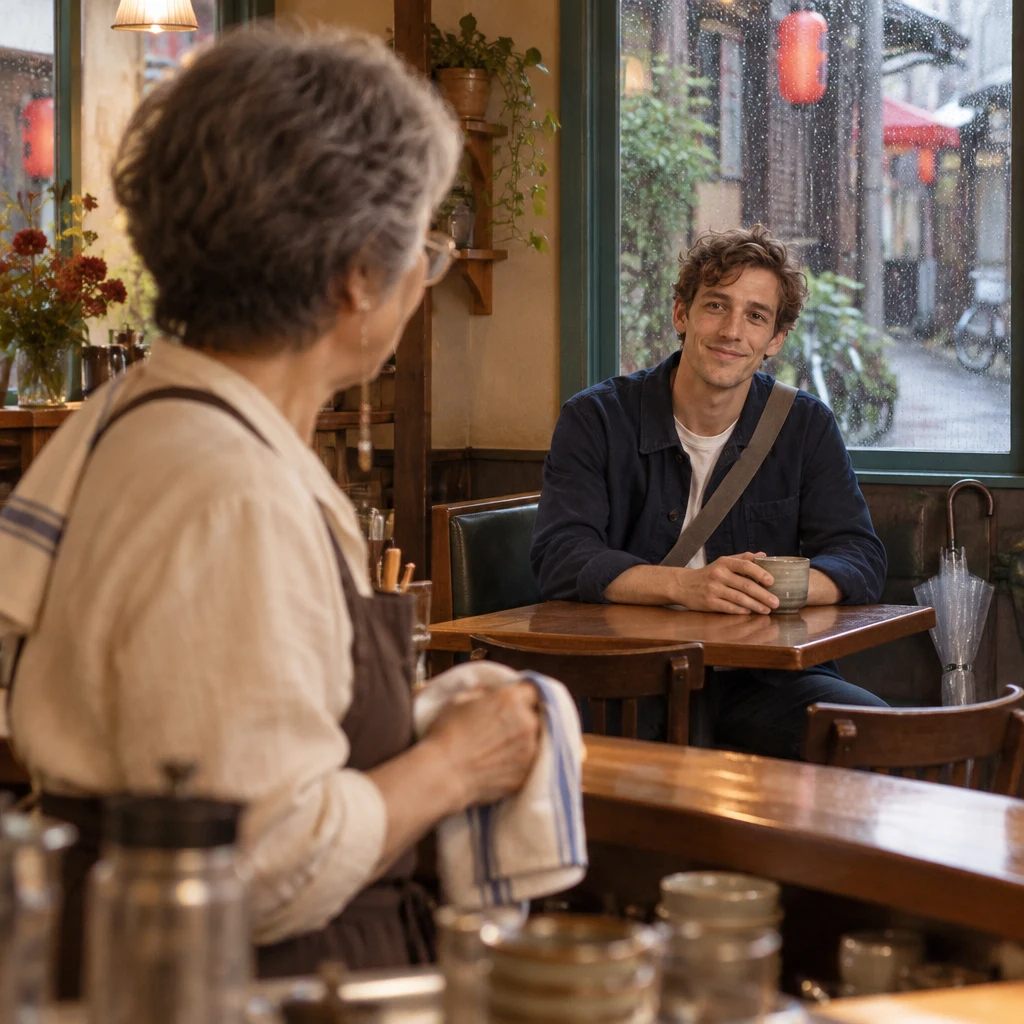 Masako pauses at the counter with her cup and cloth in hand, turned toward Leo in the booth.