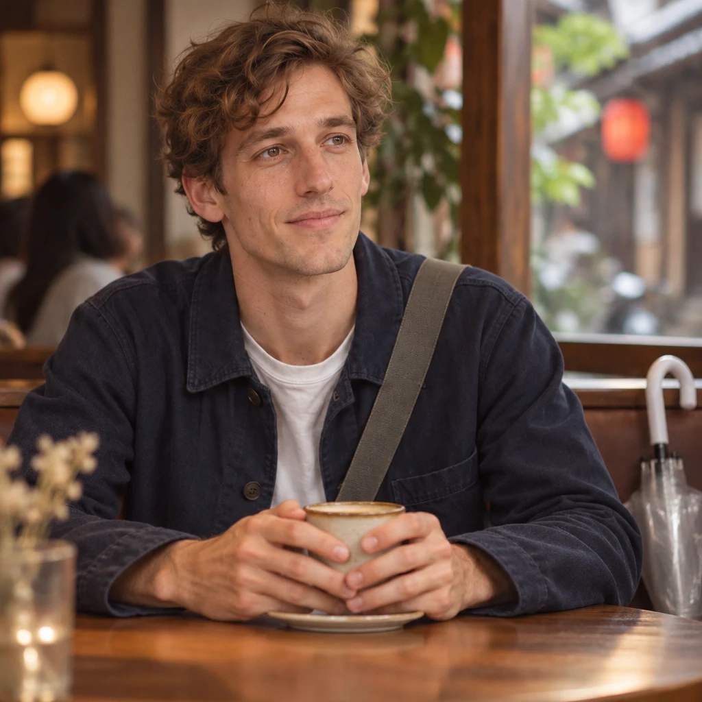 Leo holds his cup in both hands and reflects quietly on how nervous he felt at first.