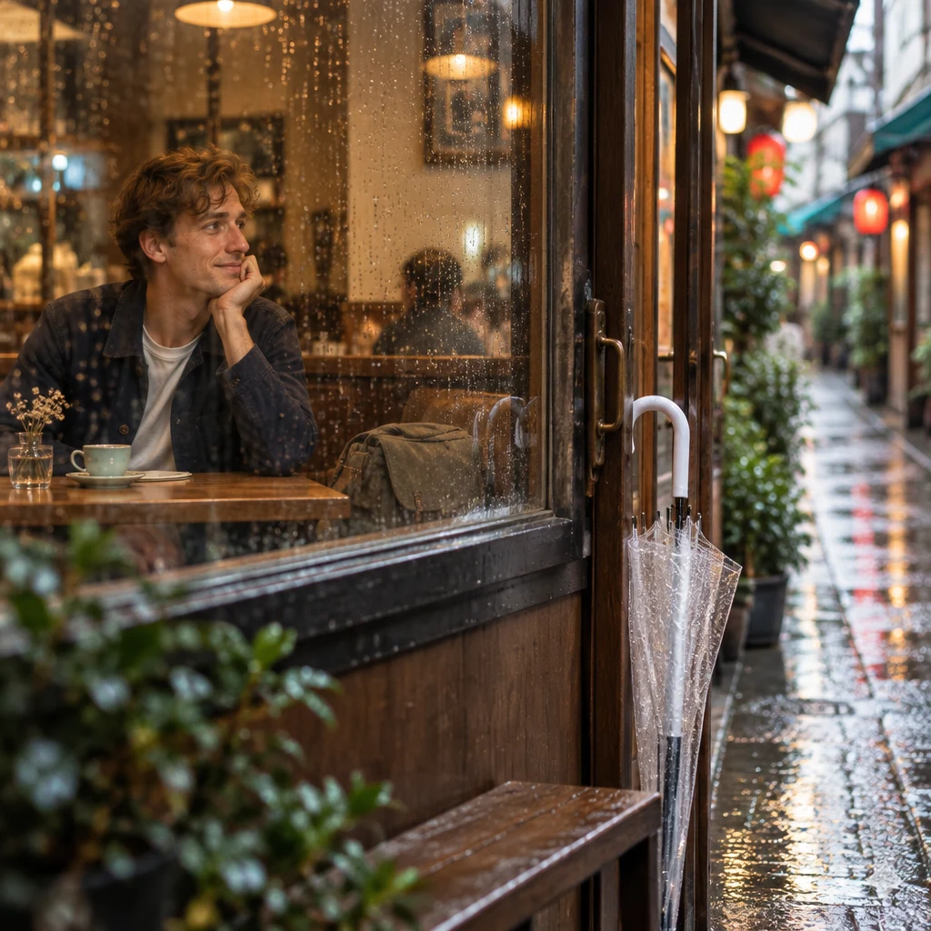 Raindrops bead on the glass beside Leo, who turns from the booth to look toward the wet lane.