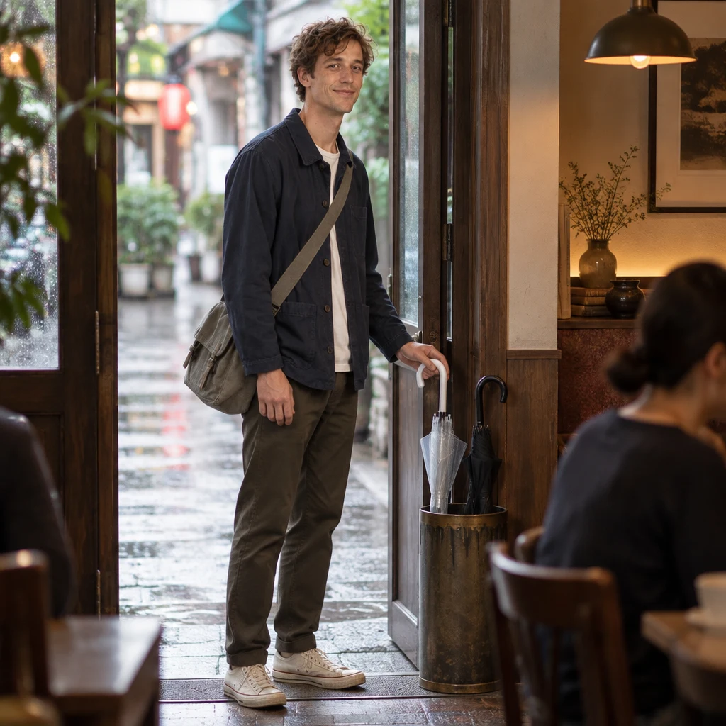 Leo pauses by the umbrella stand after hanging his clear umbrella, facing into the café as the old black umbrella goes unnoticed.