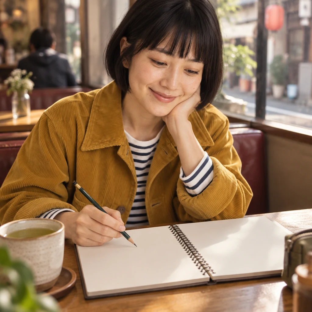 Haruka opens her sketchbook beside her tea and prepares to plan a Sunday sketching trip.