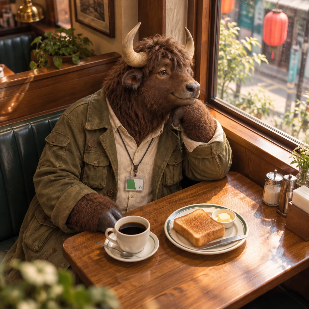 Goro weighs his Sunday options while glancing between his thick toast and the window.
