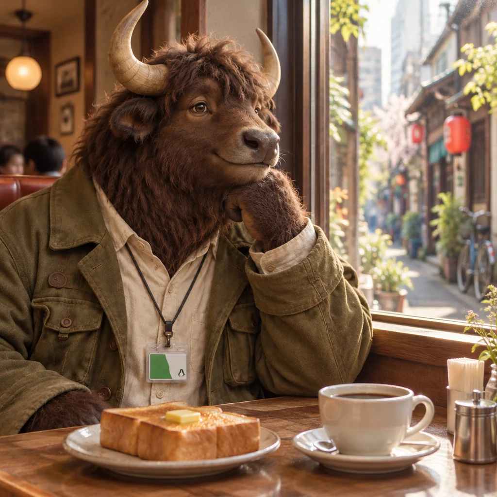 Goro settles on taking a walk after the café, glancing from his toast toward the lane.