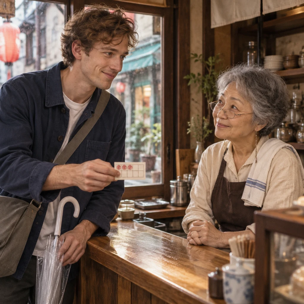 Leo holds his stamp card toward Masako at the counter as he reports his progress.
