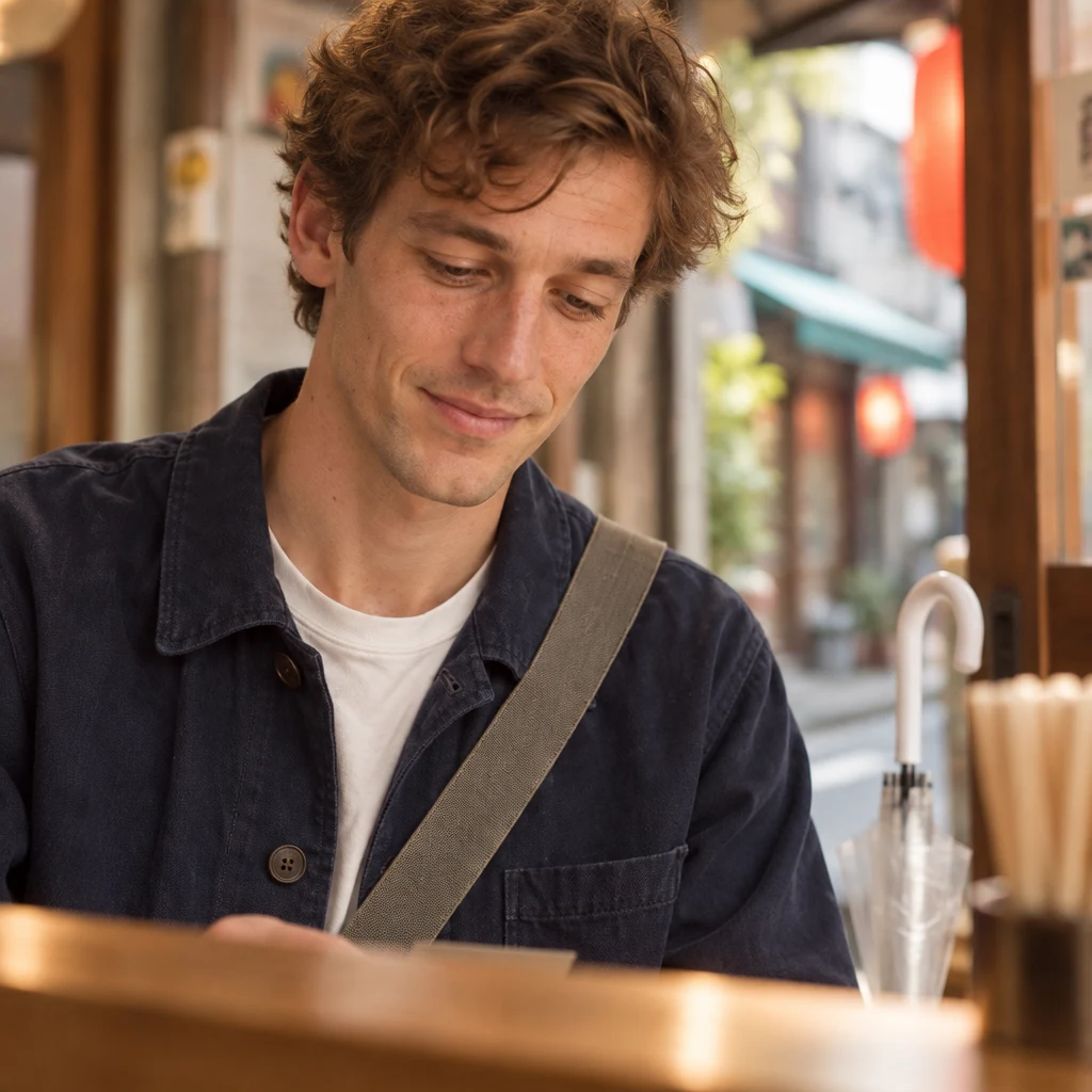 Leo pauses at the counter, considering the last empty square on his stamp card.