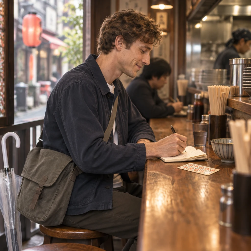 Leo writes a few small marks in his notebook as he considers setting modest goals.