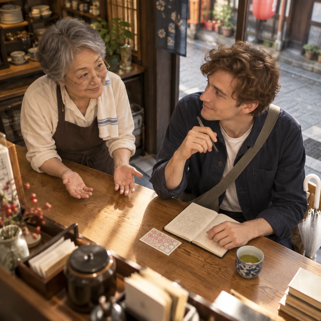Masako leans toward Leo with open palms, asking how he plans to reach his goal.