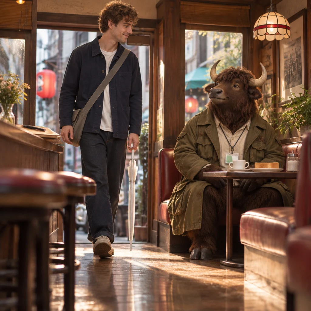 Leo rises from the counter stool and takes a small step across the cafe floor while Goro remains in the booth.