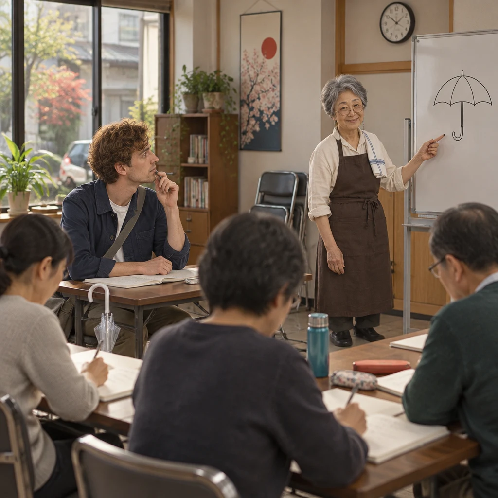 Leo pauses with the Saturday Japanese class while Masako waits beside a drawing of an umbrella at the Yanaka community centre.