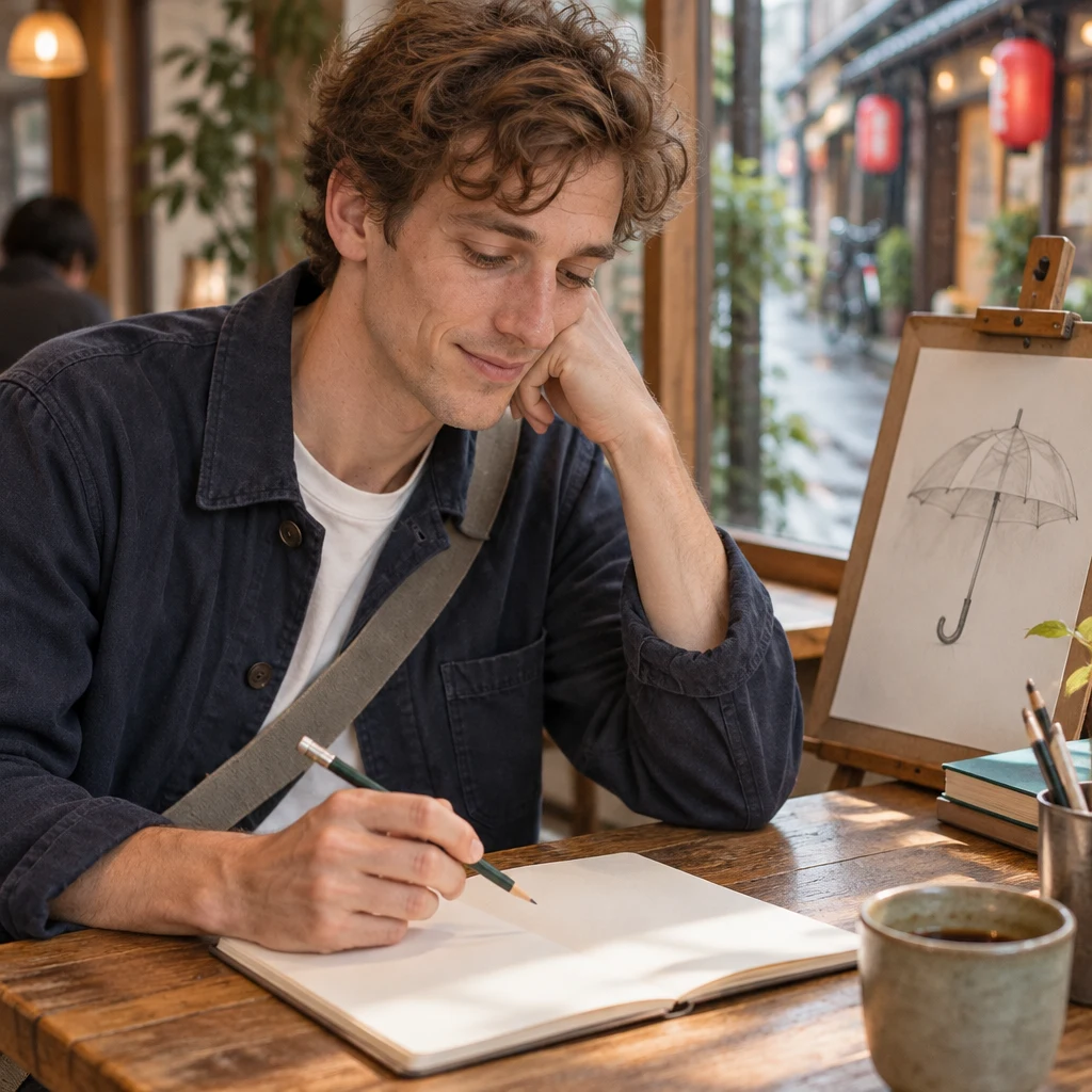 Leo hesitates over his notebook as he tries to recall the name of the pictured object.