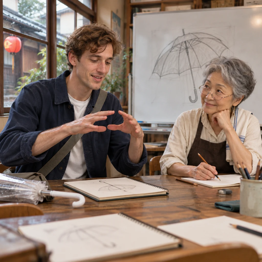 Leo gestures to describe something round that opens while Masako listens.