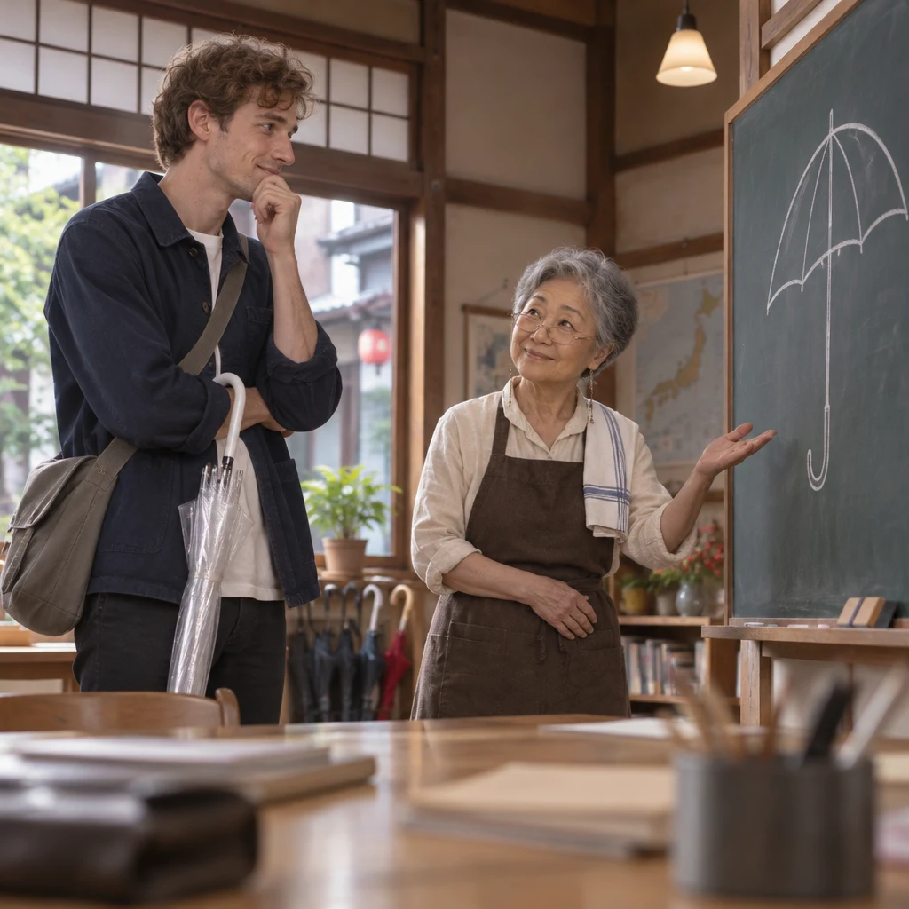 Leo pauses to remember while Masako prompts him to consider the object's shape and use.