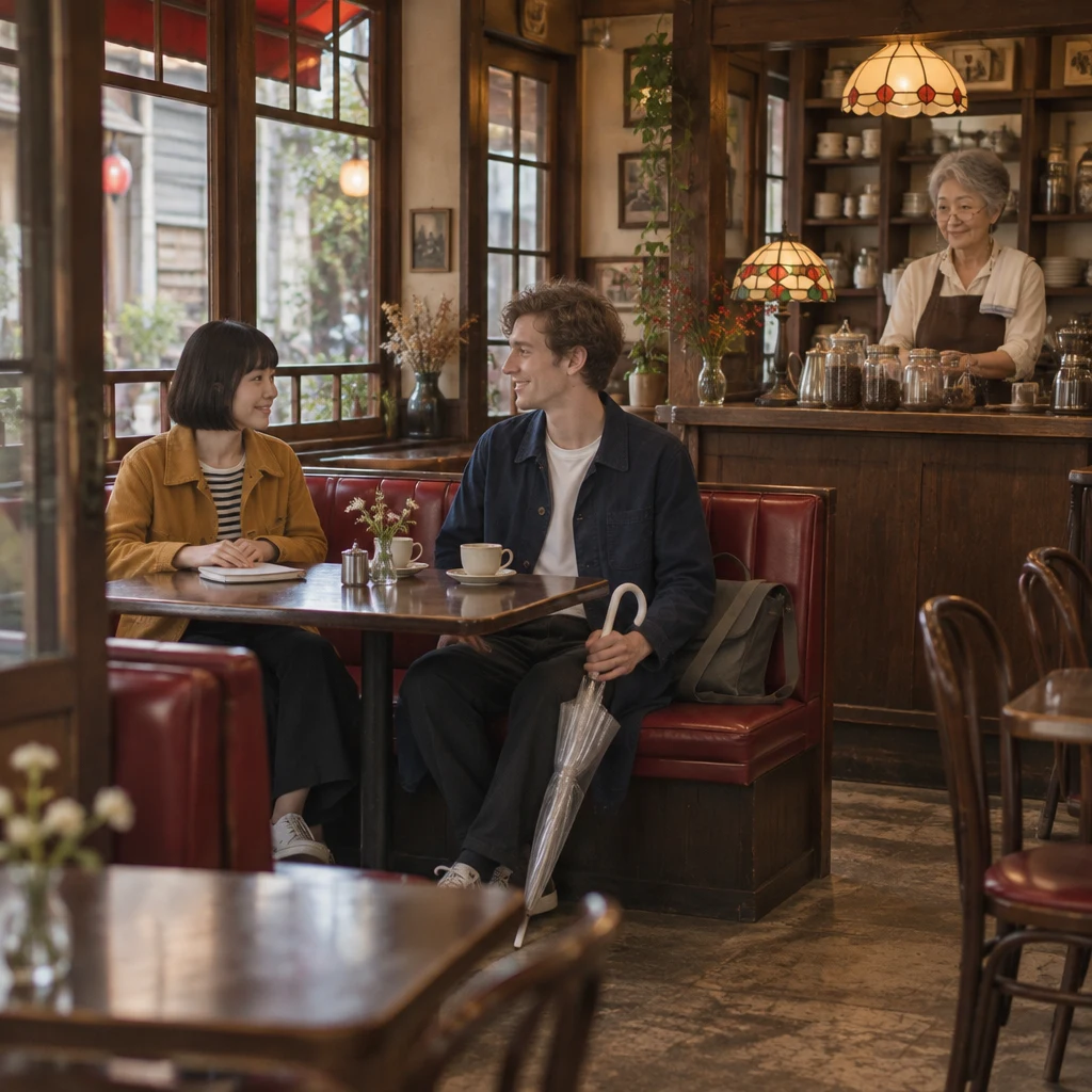 Haruka slides into a red booth across from Leo while Masako watches from the counter.