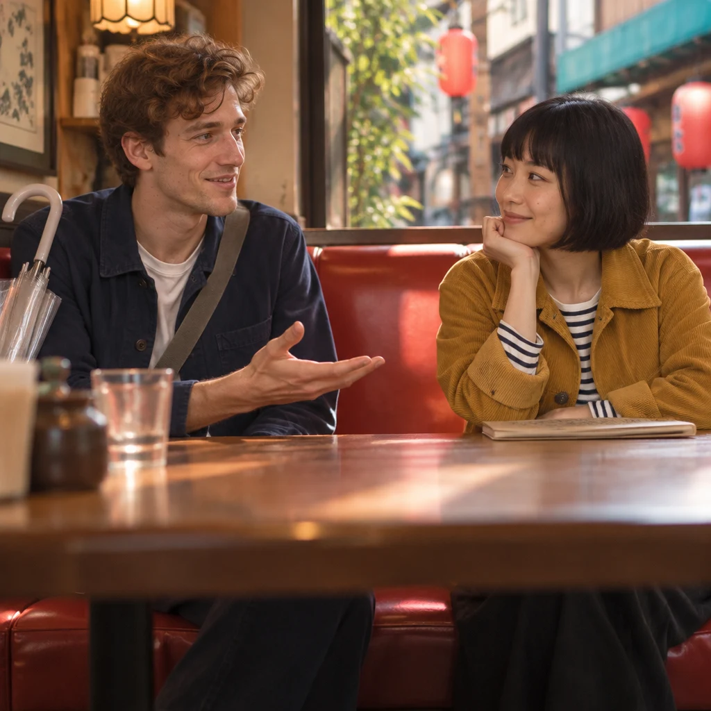 Leo turns an open palm toward Haruka as she describes feeling frustrated and worn out.