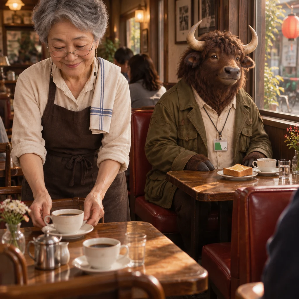 Masako sets cups down as Goro’s coffee and thick toast remain untouched in the next booth.