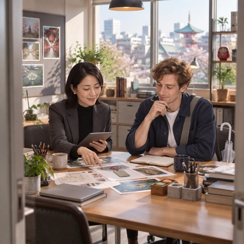 Mori-san leads the morning review while Leo notices an old umbrella-tag image among the puzzle-game materials.
