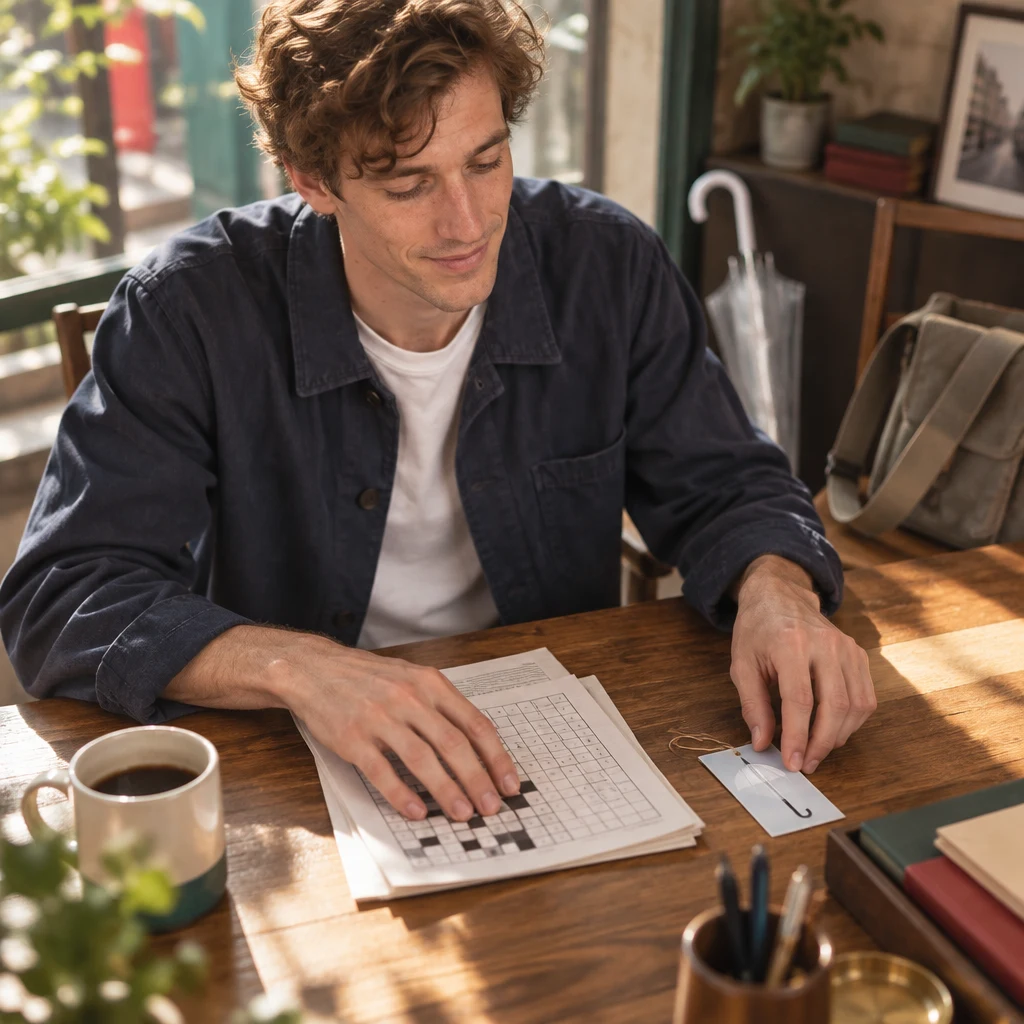 Leo sets the umbrella-tag image aside while gathering the puzzle-game materials.
