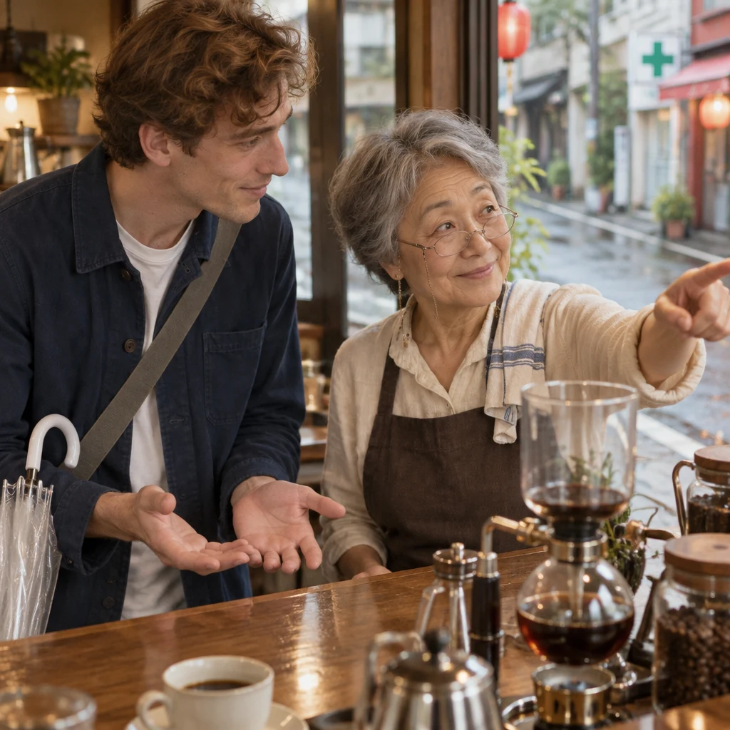 Leo opens his hands toward Masako at the counter as he asks where the pharmacy is.
