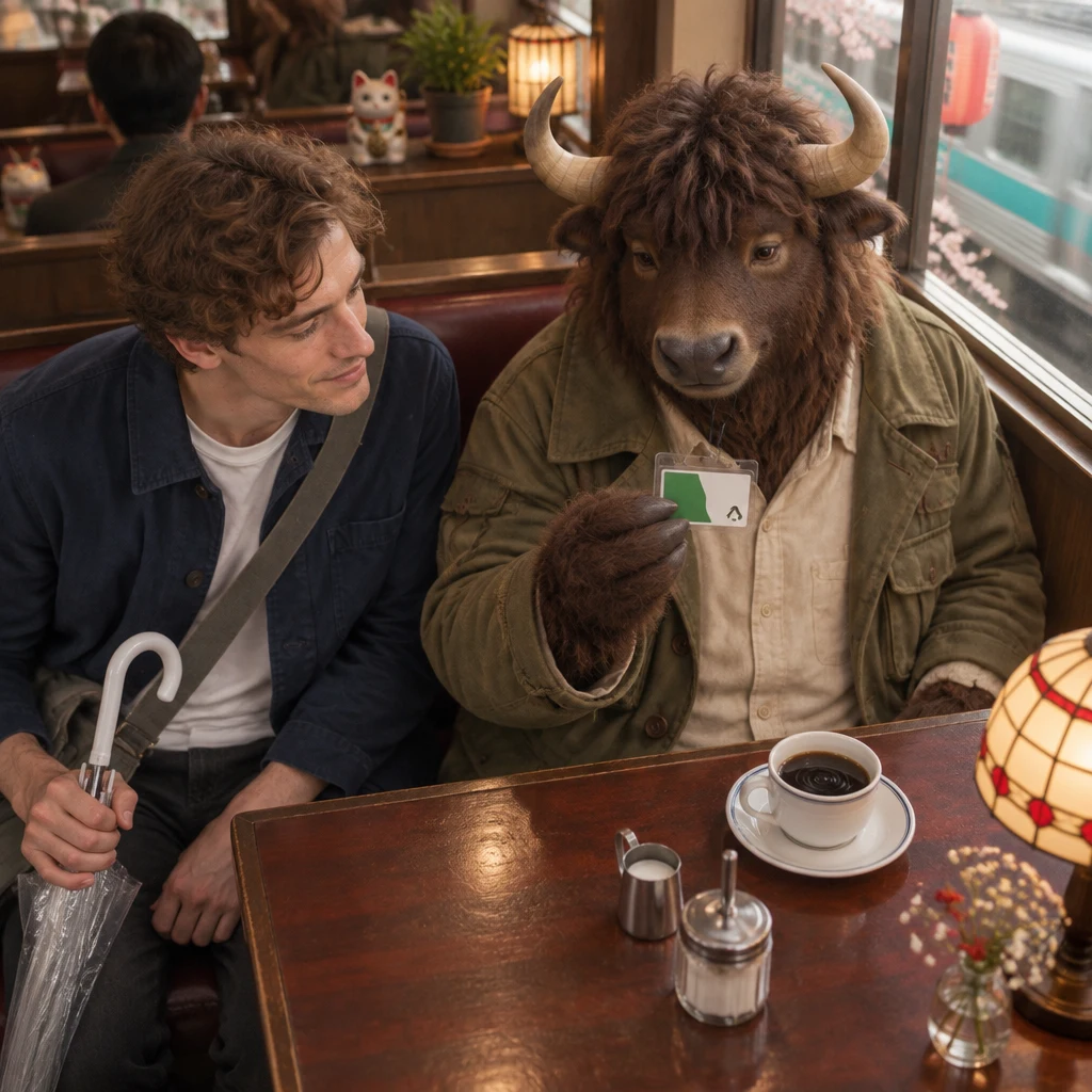 Goro lifts the transit card on its cord while Leo looks at it, treating it like the station is here.