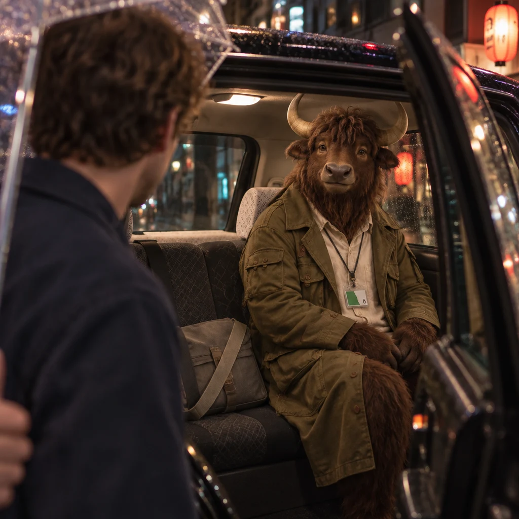 Leo looks toward his grey canvas bag on the rear seat beside Goro.